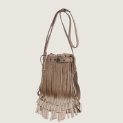Mini bolsa Carafori marrom de ombro em camurça premium com franjas