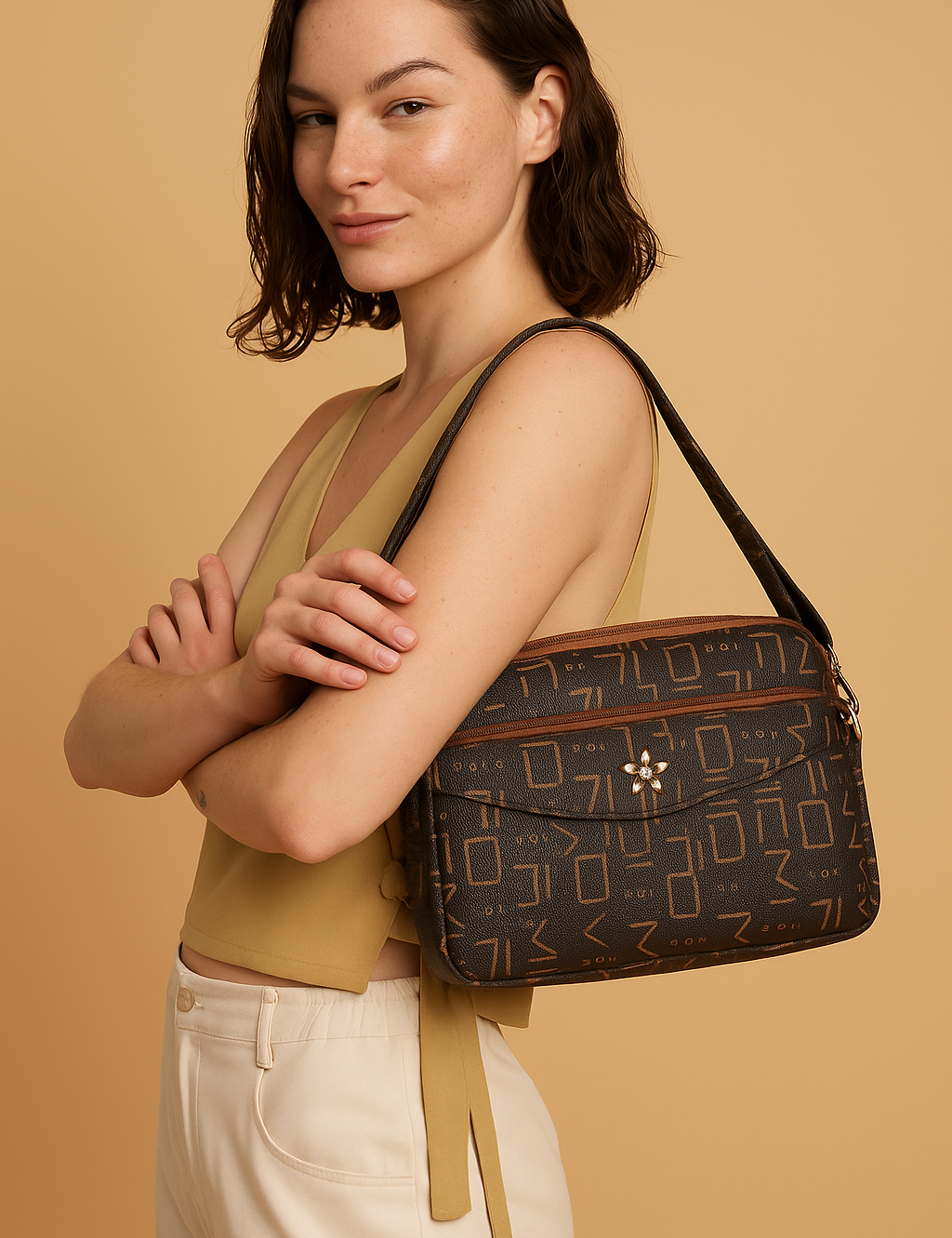 Bolsa transversal feminina Carafori em padrão exclusivo, leve e funcional, perfeita para mulheres modernas que buscam sofisticação.
