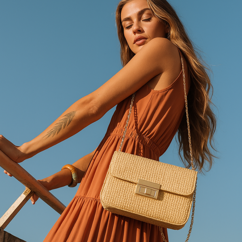 Inspirada no charme da Riviera, a Bolsa Riviera Mini Carafori combina palha sofisticada, design compacto e corrente dourada. Um acessório atemporal e sustentável.