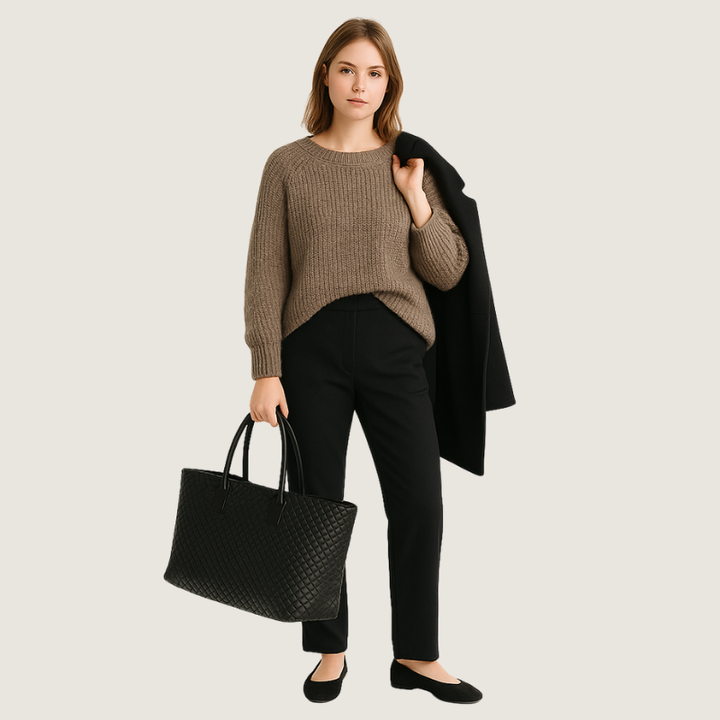 Interior amplo e estruturado da bolsa Carafori tote preta em couro PU. Sofisticação e praticidade em um design atemporal para o dia a dia.