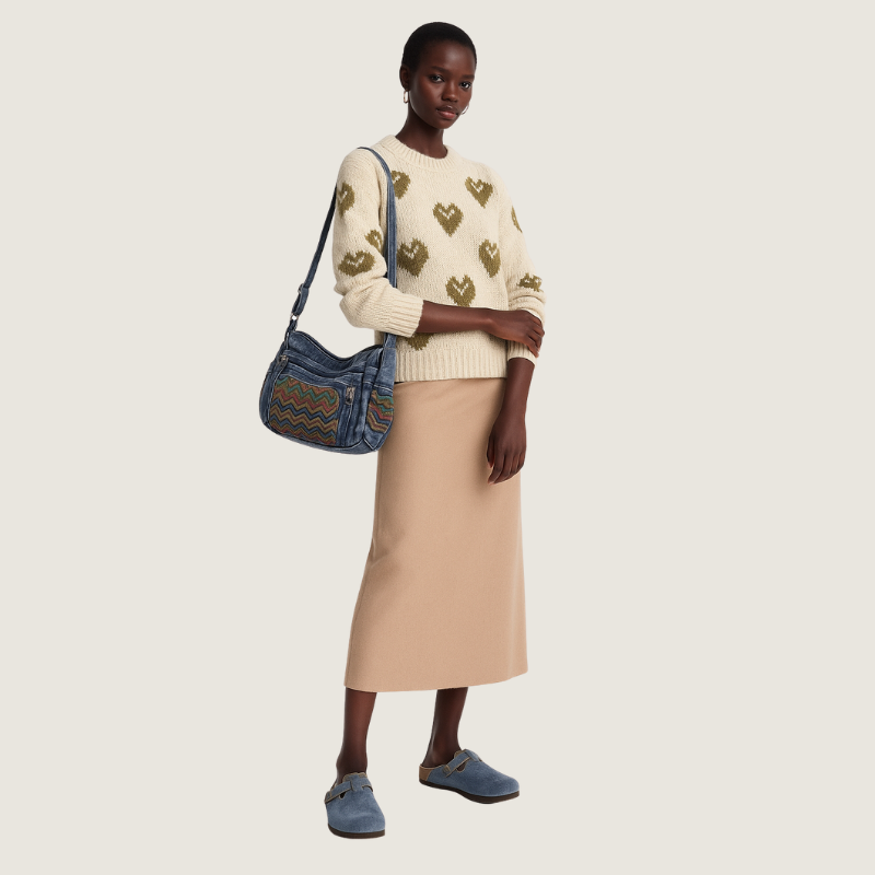 Bolsa jeans grande capacidade, prática e sofisticada, ideal para o dia a dia com estilo boho chic.